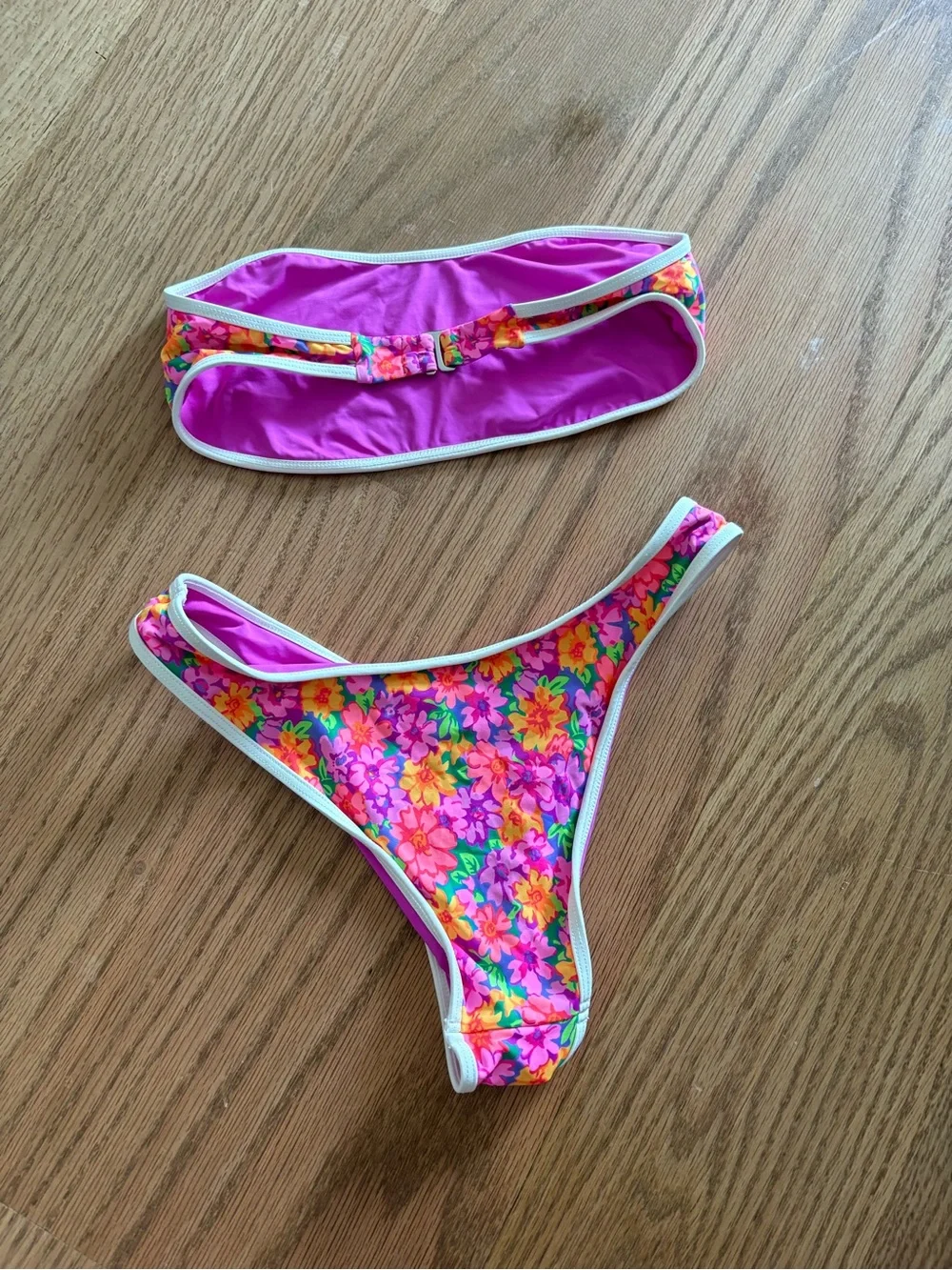 Frankie's Bikinis Hot Pink Bandeau with Multicolor Floral Trim